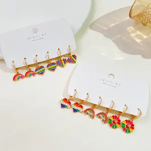 Popular Romantic LGBT Dangle Earrings Gold Alloy Oil Drip Rainbow Love Heart Sunflower Bowknot Drop Earring Sets