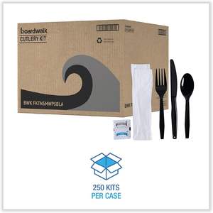 Kit de couverts jetables 6 pièces Boardwalk (fourchettes, couteaux, serviettes, cuillères à café) noirs pour fêtes, 250 pièces/carton - Product Image 4
