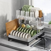 Égouttoir à vaisselle moderne à 2 niveaux en acier inoxydable 304, grand modèle non pliable avec plateau de drainage