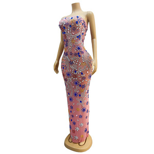 Abito Lungo in Pizzo per Cantante, Spettacolo sul Palco, Presentatrice, Cerimonia, <span class=keywords><strong>Rosa</strong></span>, Elegante, con Motivo a Gemme, Stile Lussuoso, Maxi Abito Casual Aderente - Product Image 2