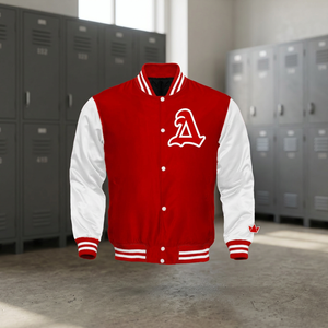 Blouson de baseball en satin rouge et blanc, pour homme, avec lettres romaines - Product Image 3
