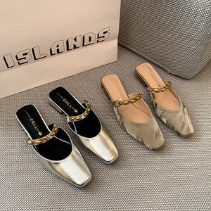 078-2 Tailles personnalisées 35-45 Sandales mules Mary Jane à bout carré, talon épais, bride métallique, à enfiler, finition irisée - Product Image 3