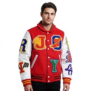 Veste universitaire d'hiver rouge et blanche pour homme, en laine, avec patchs brodés, style preppy, col rabattu, coupe classique, respirante - Product Image 1