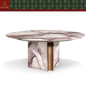 Mesa de Comedor Redonda de Alta Gama GOLDKING para Residencias, Mármol Blanco con Vetas Rosas, Base de Cuatro Pétalos, Incrustaciones Doradas, OEM ODM Directo - Product Image 2