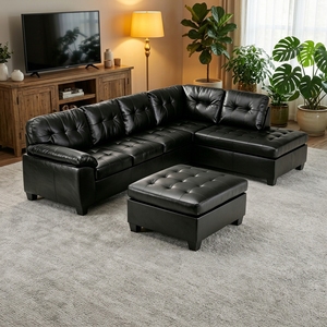 Modern L-Shaped Extendable Convertible Air Leather Sectional <b>Sofa</b> Set with Tufted Design and Storage Ottoman - Product Image 4