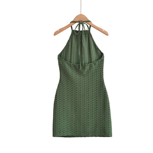 Vestido Mini Ajustado de Punto Verde Oliva con Cuello Halter y Cintura Imperio, Sin Mangas, Liso, Sexy, Transpirable, Casual, para Fiesta de Verano - Product Image 6