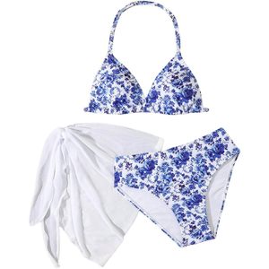 FOXA Girl's 3 Piece Floral Print Halter <b>Bikini</b> <b>Set</b> With Cover Up Beach Skirt Swimwear For Girls Stretch Spandex Polyester - Product Image 1