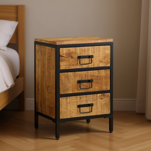 Petite commode en bois de manguier et fer, 3 tiroirs, armoire de chevet en bois massif, style industriel, meubles de chambre à coucher - Product Image 2