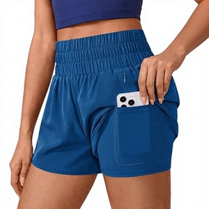 Shorts Deportivos Azules de Cintura Alta para Mujer, con Bolsillos, de Secado Rápido, Tejido Elástico de Spandex y Poliéster, Corte Holgado, Color Sólido, Estilo Moto Biker - Product Image 1
