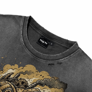 Camisetas de algodón transpirables de manga corta oversize para hombre con estampado de letras y diseño de escarabajo mecánico punk, estilo vintage con lavado ácido. - Product Image 4