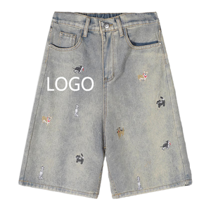 Shorts de Mezclilla Unisex con Estampado de Perro Bordado, Estilo Urbano, Pierna Ancha, Lavados, con Logotipo Personalizado, Venta al Por Mayor OEM B2B - Product Image 1