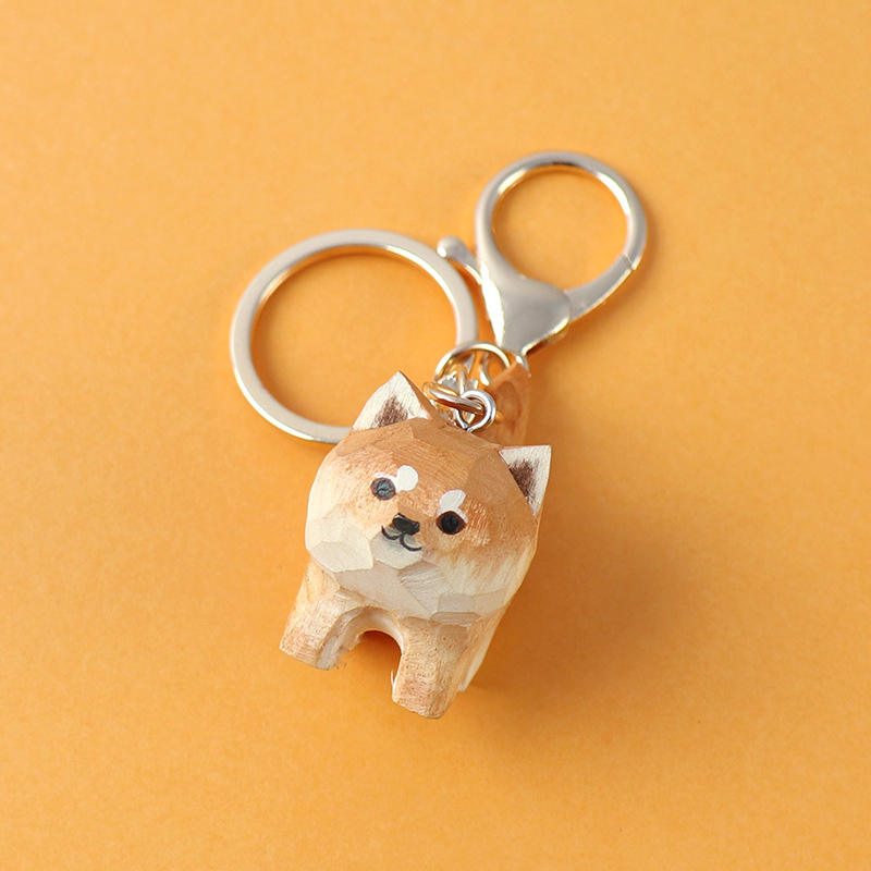 Cute Carved Wood Keychain - Japanese Dog Solid Wood