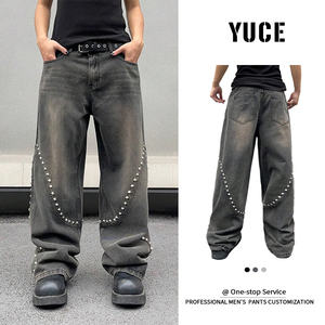 YUCE Jeans Vintage da Uomo all'Ingrosso, Modello Baggy in Denim Lavato a Sabbia, Gamba Curva, Stile Ballon con Borchie e Rivetti, Jeans Personalizzati Punk - Product Image 3