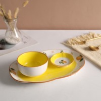 Service de vaisselle en céramique jaune, vaisselle de table, motif citron, assiettes en céramique, vaisselle de restaurant