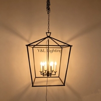 Lustre suspendu moderne en fer forgé noir, forme carrée, petite lanterne, 4 lumières, cage, pour la maison ou le bureau