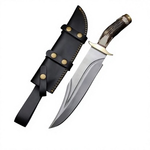 Cuchillos de Hoja Fija de Acero de Damasco con Mango de Asta de Ciervo y Funda de Cuero, Espiga Completa, para Caza y Camping, OEM, Punta Caída - Product Image 3