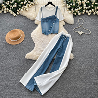 Ensemble deux pièces en jean patchwork taille haute pour femme - Collection été