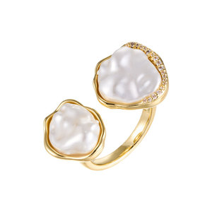 Baroque Style Irregular Faux Pearl Open <b>Ring</b> <b>Adjustable</b> Copper Alloy With Zircon Inlay Jewelry Gift - Product Image 4