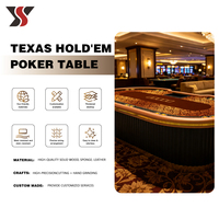 Table de poker Texas personnalisée YS OEM avec piétement ondulé, tapis damassé doré, rail brun, 10 porte-gobelets et base côtelée pour casino
