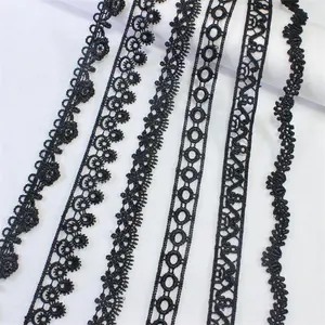 高品質ホワイトブライダル刺繍ナイジェリアレーストリミングボーダーブラックかぎ針編みポリエステルケミカルレーストリムドレス用