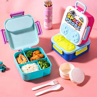 Boîte à lunch bento en plastique sans BPA, avec 3 compartiments scellés, motif dessin animé mignon, compatible micro-ondes, pour enfants