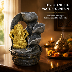 Fuente de Agua con Estatua de Ganesha, Decoración de Interior para Mesa, Diseño de Cascada de Loto, Acabado en Piedra Pizarra Dorada Metálica Antigua - Product Image 2