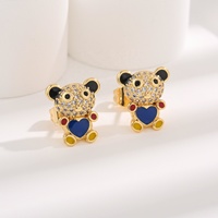 Boucles d'oreilles clous en laiton plaqué or 14K, motif ours mignon, émail cœur bleu, zircon coloré, pour femmes et filles