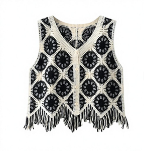 <span class=keywords><strong>Gilet</strong></span> en <span class=keywords><strong>crochet</strong></span> vintage pour femme, motif floral <span class=keywords><strong>Granny</strong></span> Square, ourlet à franges, boutonné, sans manches, style bohème, tricot ajouré, vêtement d'extérieur - Product Image 1