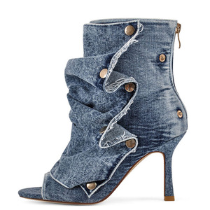 Botines de tacón alto con punta abierta y diseño cuadrado de verano, sandalias de mezclilla plisadas a cuadros de colores para mujer - Product Image 5