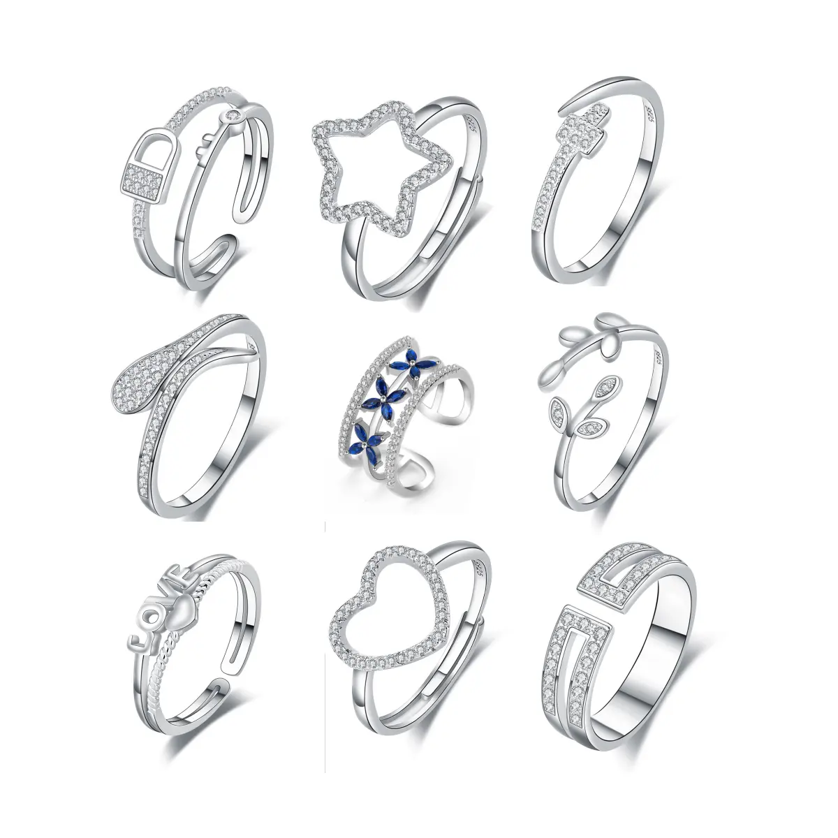 Groothandel 925 Zilveren Ringen Sieraden Vrouwen 925 Sterling Zilveren Diamanten Ringen Verstelbare Ring Vrouwen Bruiloft Verlovingsgeschenk