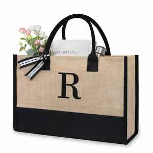 Custom Fashion Shopping Grocery Beach Sports Yoga Party Gift Ladies <b>Initials</b> Jute Tote <b>Bag</b> Black Burlap - Product Image 1