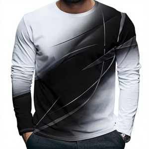 Men Print <b>Long</b> <b>Sleeve</b> Crewneck T-<b>Shirt</b> Black <b>White</b> Gradient Knitted Casual Top - Product Image 1