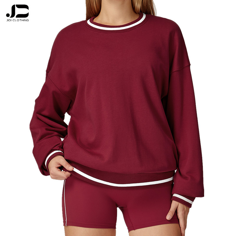 Women's New Fashion Autumn Color Blocking Long Sleeved Loose Casual Sports Shirt Keep Warm Round Neck Windproof Yoga Tops