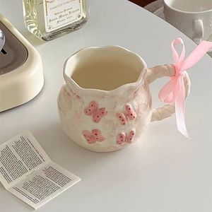 Wholesale Ins Style <strong>Handmade</strong> <strong>Ceramic</strong> Cup Couple Gift <strong>Mugs</strong> Pink Bow Coffee Cups Irregular <strong>Mug</strong> with Handle 350ml - Product Image 2