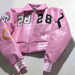 Kustom jaket Universitas Cropped Varsity wanita musim dingin mewah kulit asli bergaya Chenille bordir desain Universitas - Product Image 1