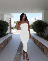 Vestido para Damas al por Mayor con Hombros Descubiertos de Color Sólido Ajustado Recto Tejido Entallado Largo y Elegante