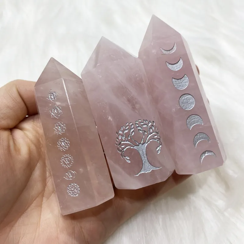 Wholesale Customized Pattern Crystal Stone Point Natural Crystal Rose Quartz Tower For Gift