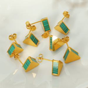 Green Striped Acrylic Triangle <b>Stud</b> Earrings Gold Plated <b>Titanium</b> Steel Geometric Pyramid Shape For Women - Product Image 1
