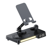 7-in-1 15W Magnetisch Draadloos Oplaadstation Opvouwbare Metalen Stand voor Telefoon Tablet Horloge Oordopjes met Klok Nachtlampje
