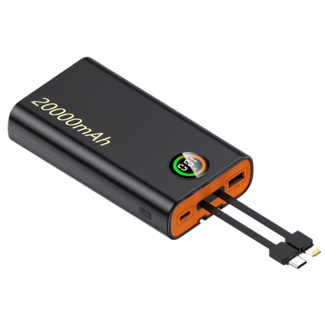 Factory Wholesale 20000mAh OEM Logo Print Slim 2.4A Power Bank with Built-in Cables