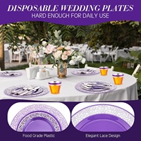 600 pièces de vaisselle jetable en plastique pour fête, design dentelle argentée violette, sans BPA, comprenant 200 assiettes, 300 couverts et 100 gobelets