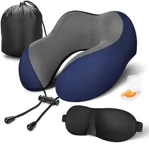 Hot Airplane Travel Kit with 3D Sleep Mask Earplugs and Luxury Bag Travel Pillow Set 100% Pure Memory Foam Neck Pillow
