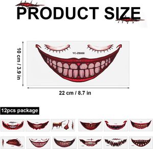 12 pegatinas de tatuajes de boca sonriente de Halloween, calcomanías de dientes sangrientos para la cara, arte corporal temporal de PVC removible para cosplay - Product Image 4