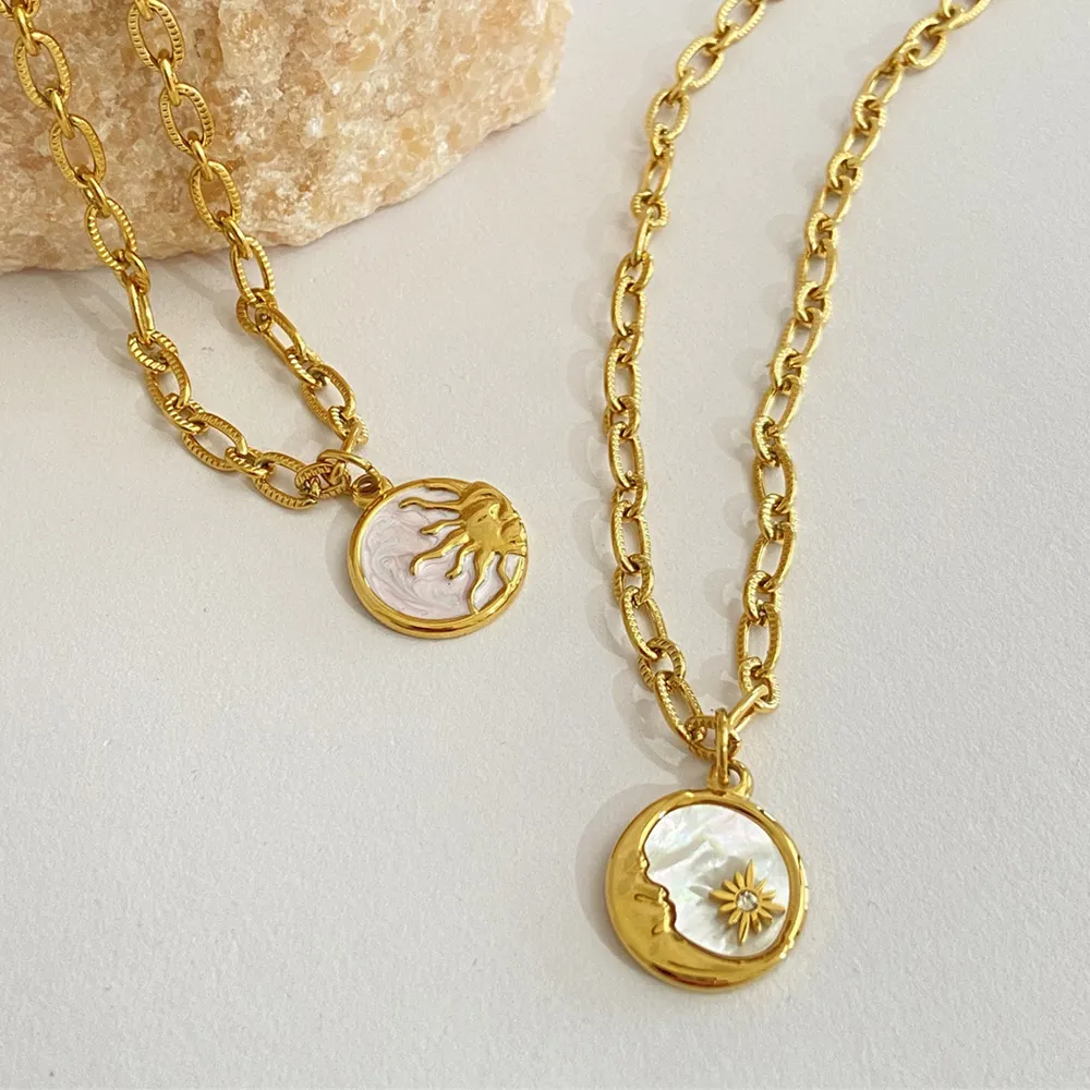 Fashion Trendy Waterproof Non Tarnish Stainless Steel Women Sun Moon Stars Round Coin Pendant Necklace 18K Gold Plated Jewelry