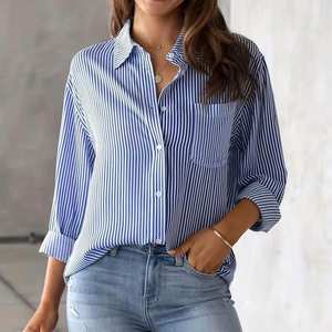 Blusa de Manga Larga con Cuello Polo y Estampado a Rayas para Mujer, Estilo Casual, Holgada, a la Moda, Combinable con Todo, Camisa Elegante Vintage para Mujer - Product Image 1