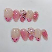 Lot de 10 faux ongles amande roses mignons faits à la main, motif pois et fleurs, à presser, style adorable