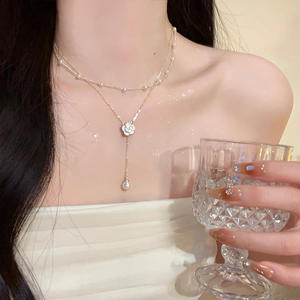 New Luxury Gold Plated Alloy Link <b>Chain</b> Double-Layer Pearl Elegant Clavicle for Women High-End Camellia Necklace - Product Image 2