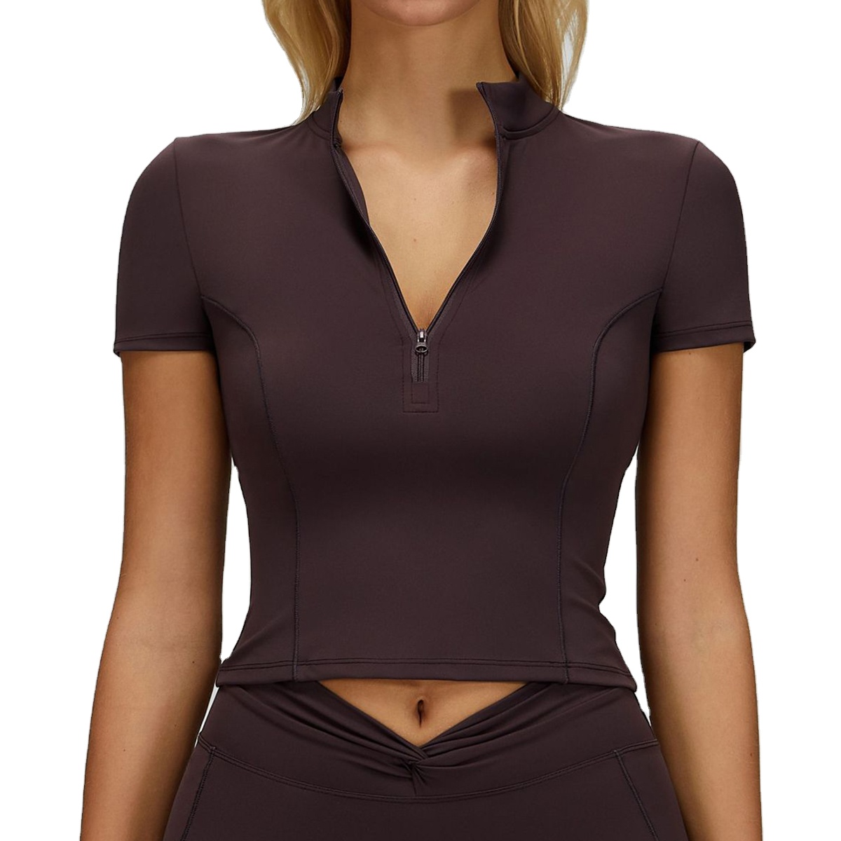 Women's Naked-Feel Yoga Short-Sleeve Stand Collar Zipper-Front Fitted Sports Top for Outdoor Running and Fitness