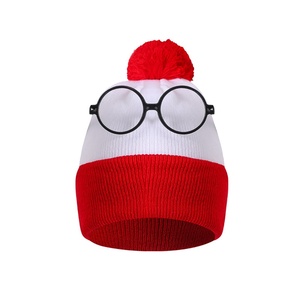 Décorations de Noël en stock prêt Bonnet tricoté rouge et blanc avec pompon et lunettes pour Halloween et Noël - Product Image 5
