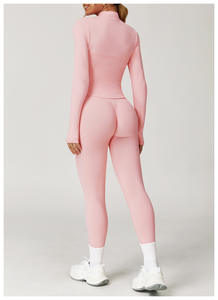 Spor ter emici ceket Yoga seti kadın giysileri fermuar uzun kollu üst Yoga tayt koşu 2 adet spor salonu seti - Product Image 3